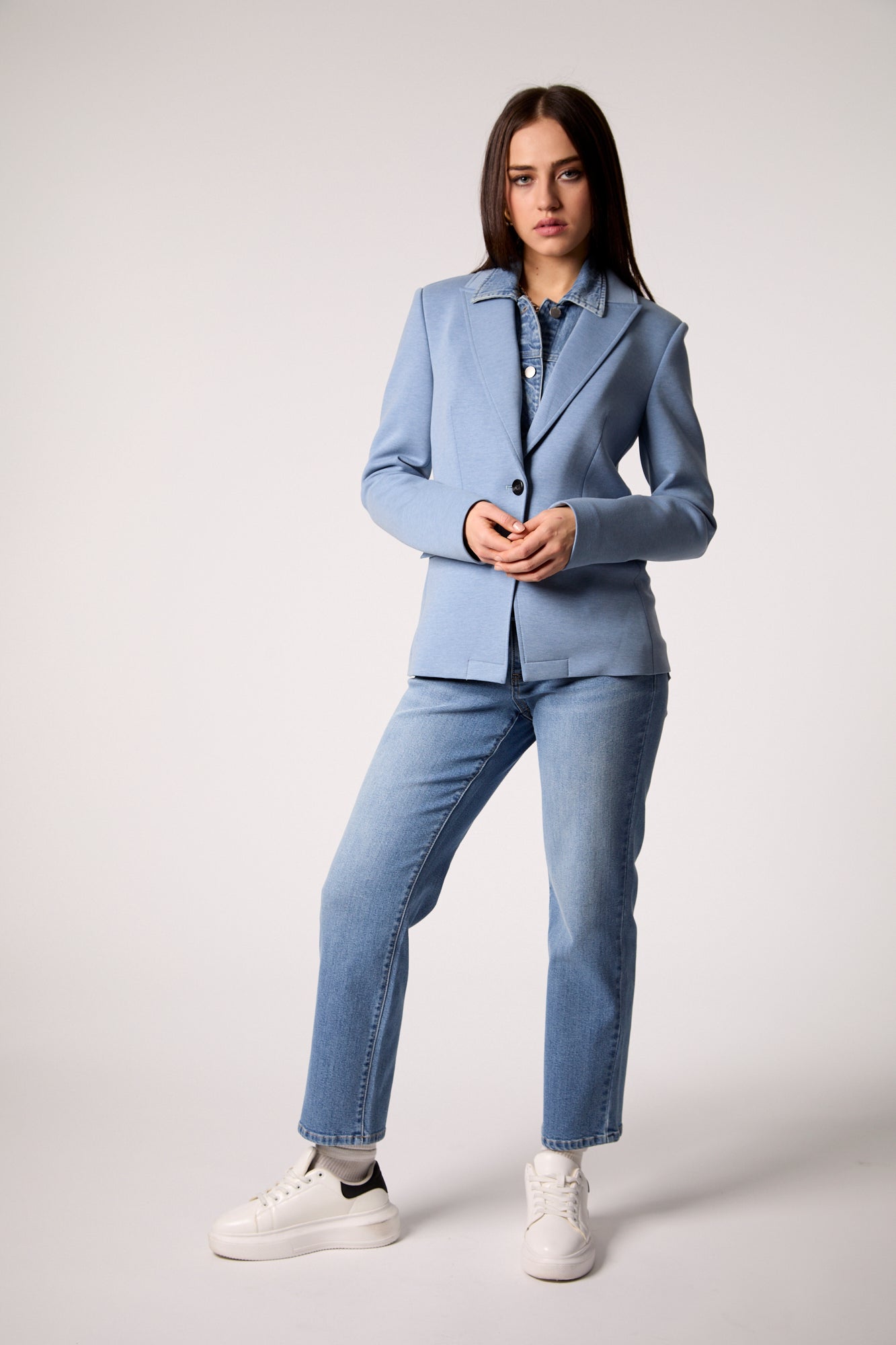 Helen Blazer With Removable Denim Insert- Heather Blue