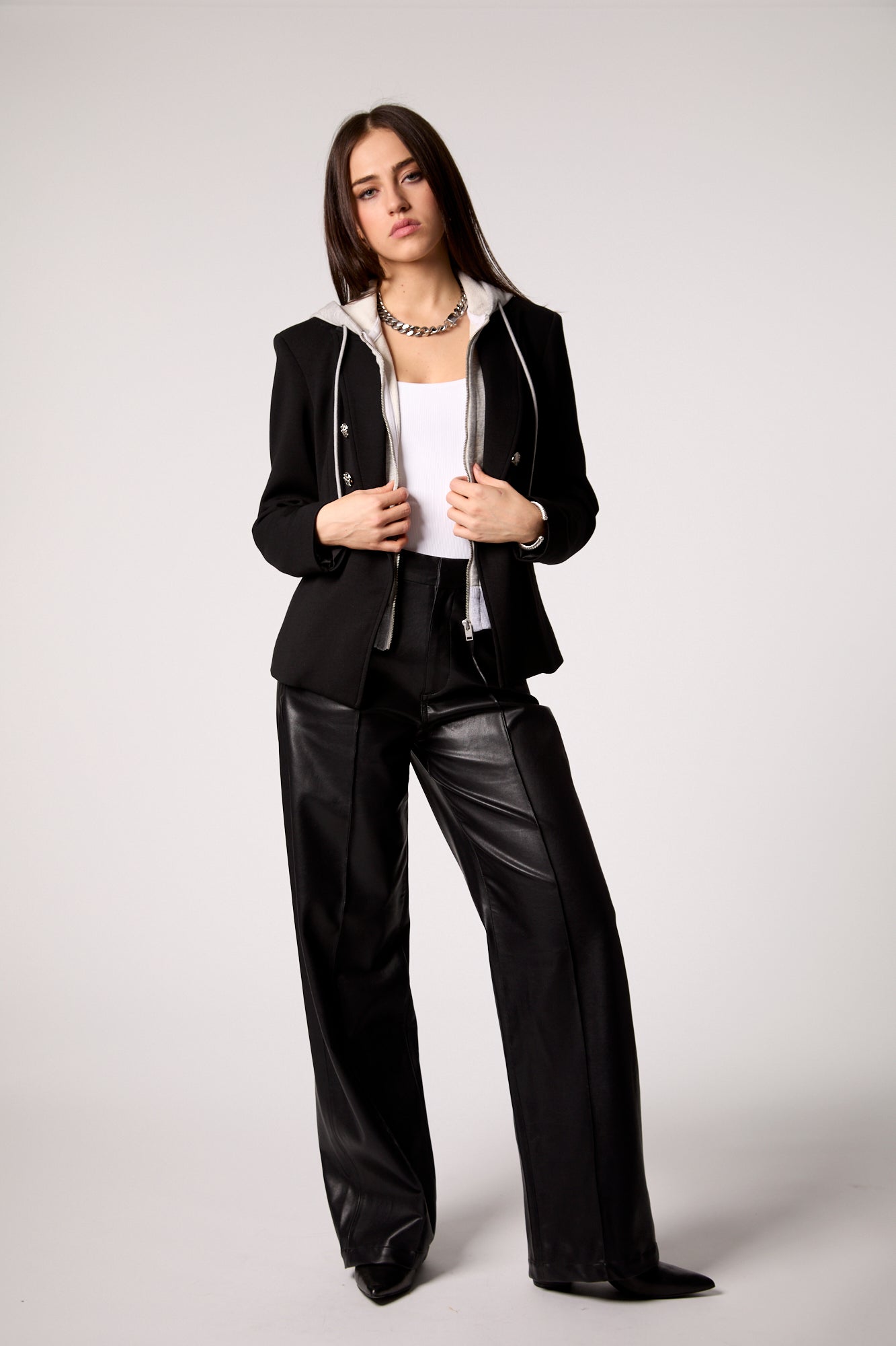 Helen Double Breasted Blazer With Removable Grey Hoodie Insert - Black