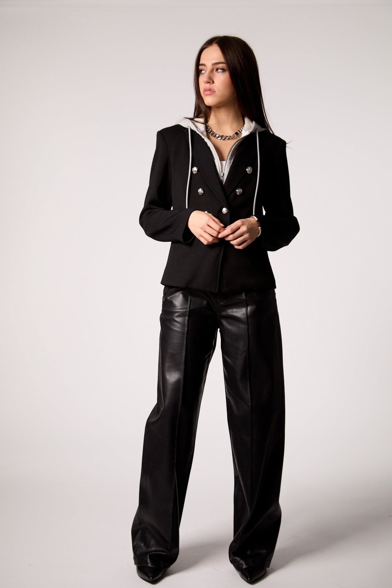 Helen Double Breasted Blazer With Removable Grey Hoodie Insert - Black