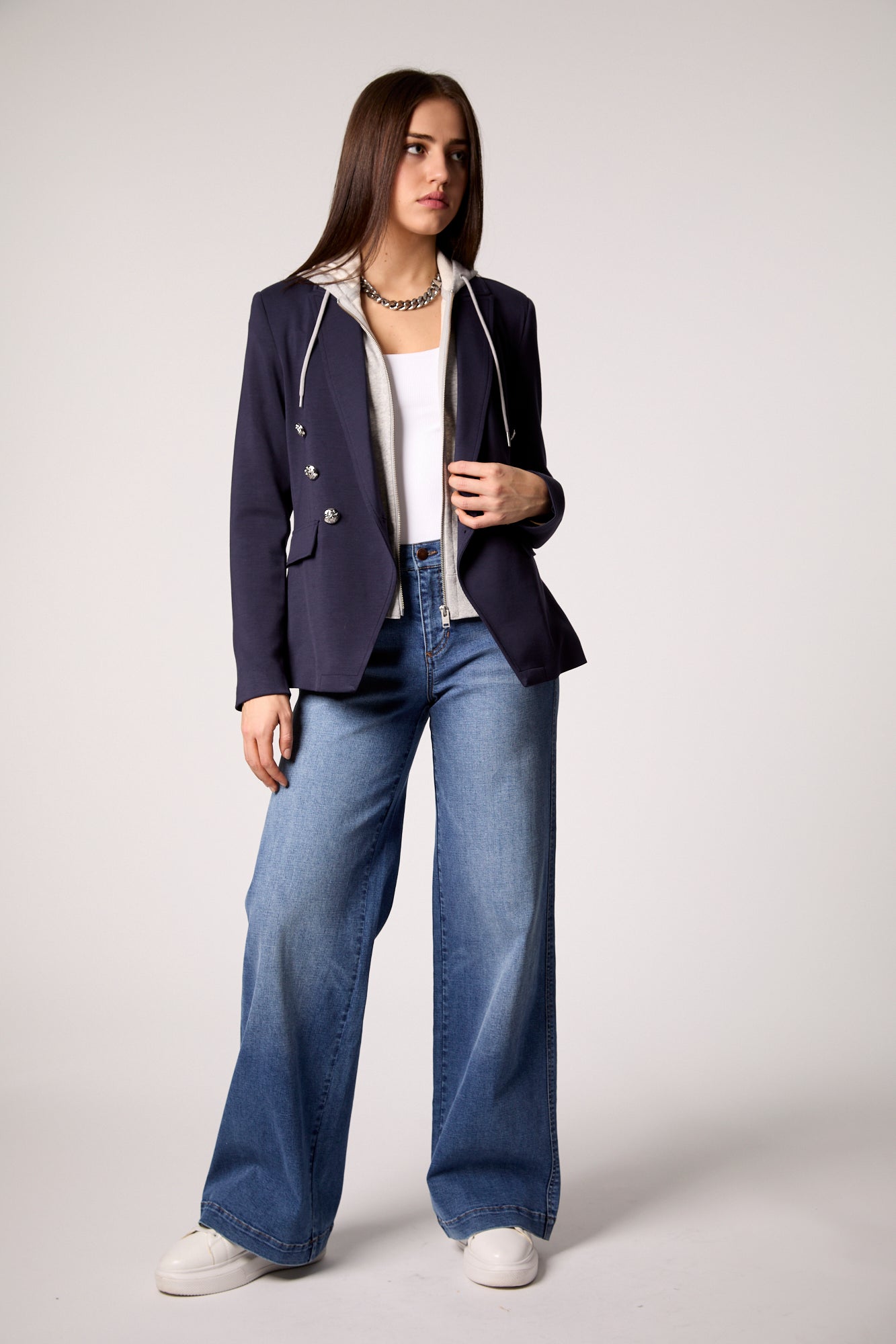 Helen Double Breasted Blazer With Removable Grey Hoodie Insert - Navy