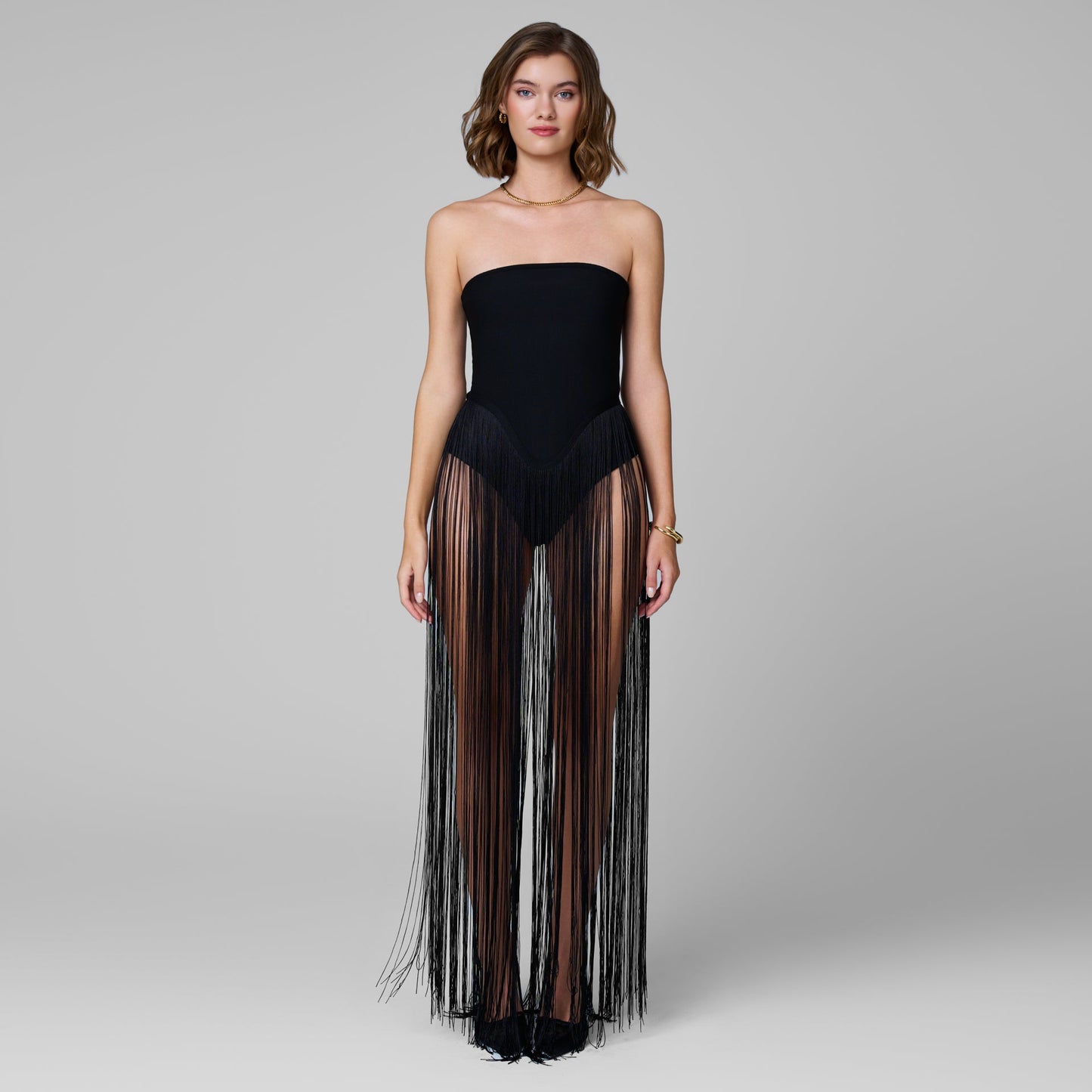 Scarlet Bodysuit Fringe Dress in Black