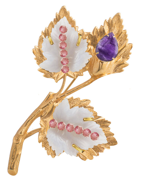 Pink Tourmaline, Amethyst & Blue Lace Leaf Pin